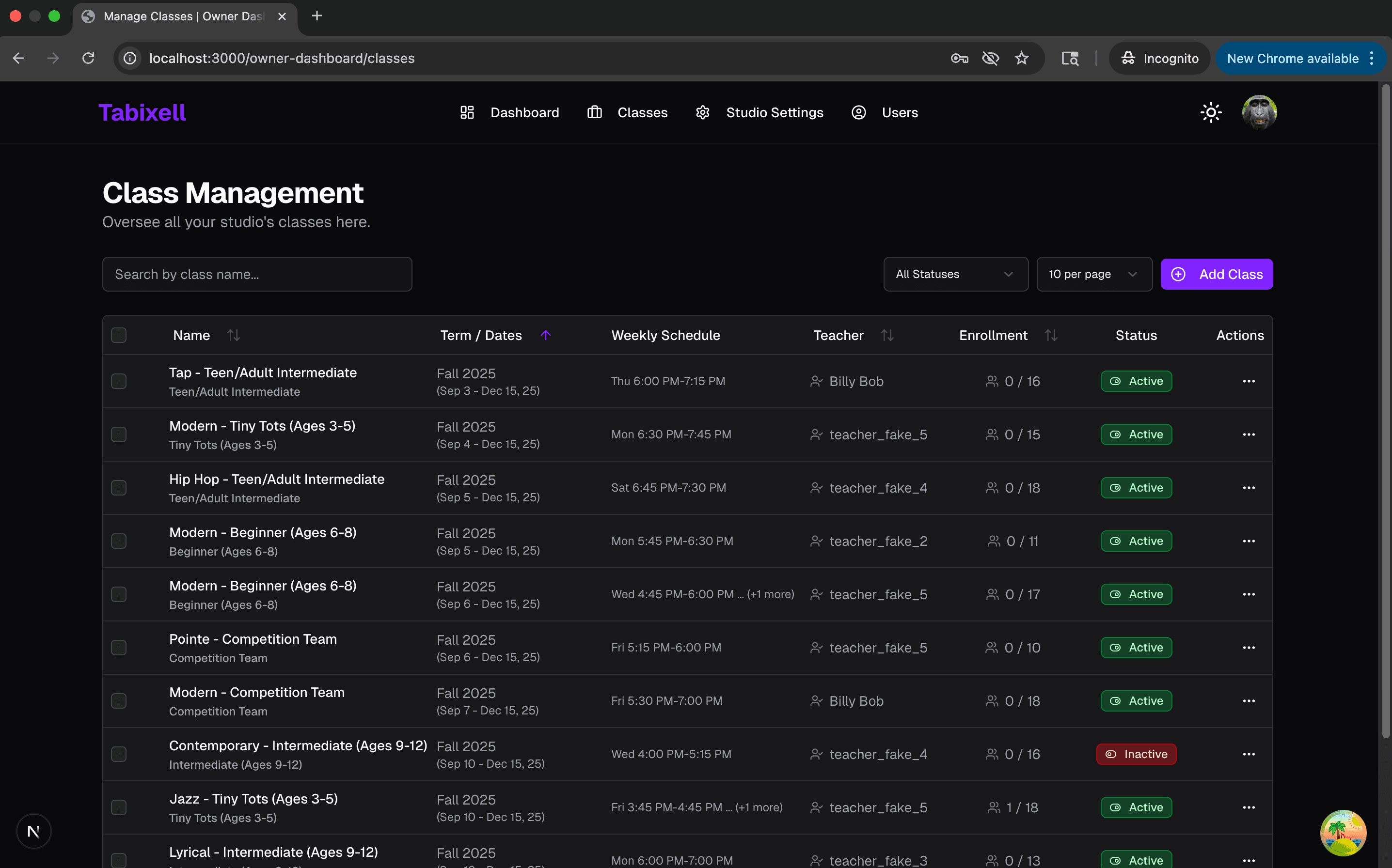 Studio Manager dashboard showing class overview, student counts, and upcoming schedule for a studio owner