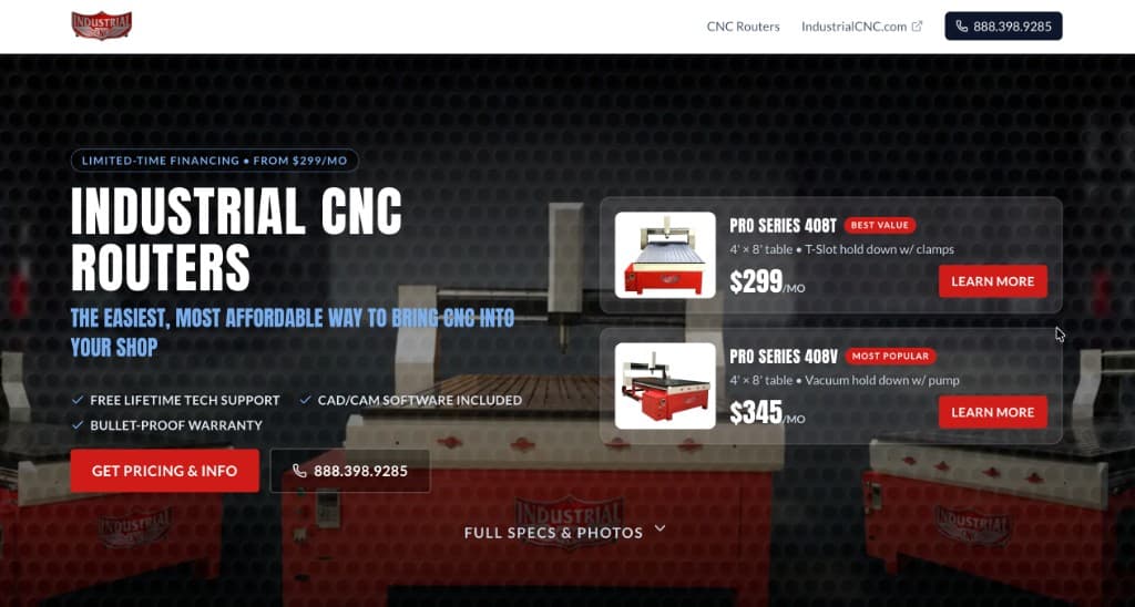 Industrial CNC Router Promotions landing page hero section showing tiered router pricing cards and a call-to-action for pricing and info