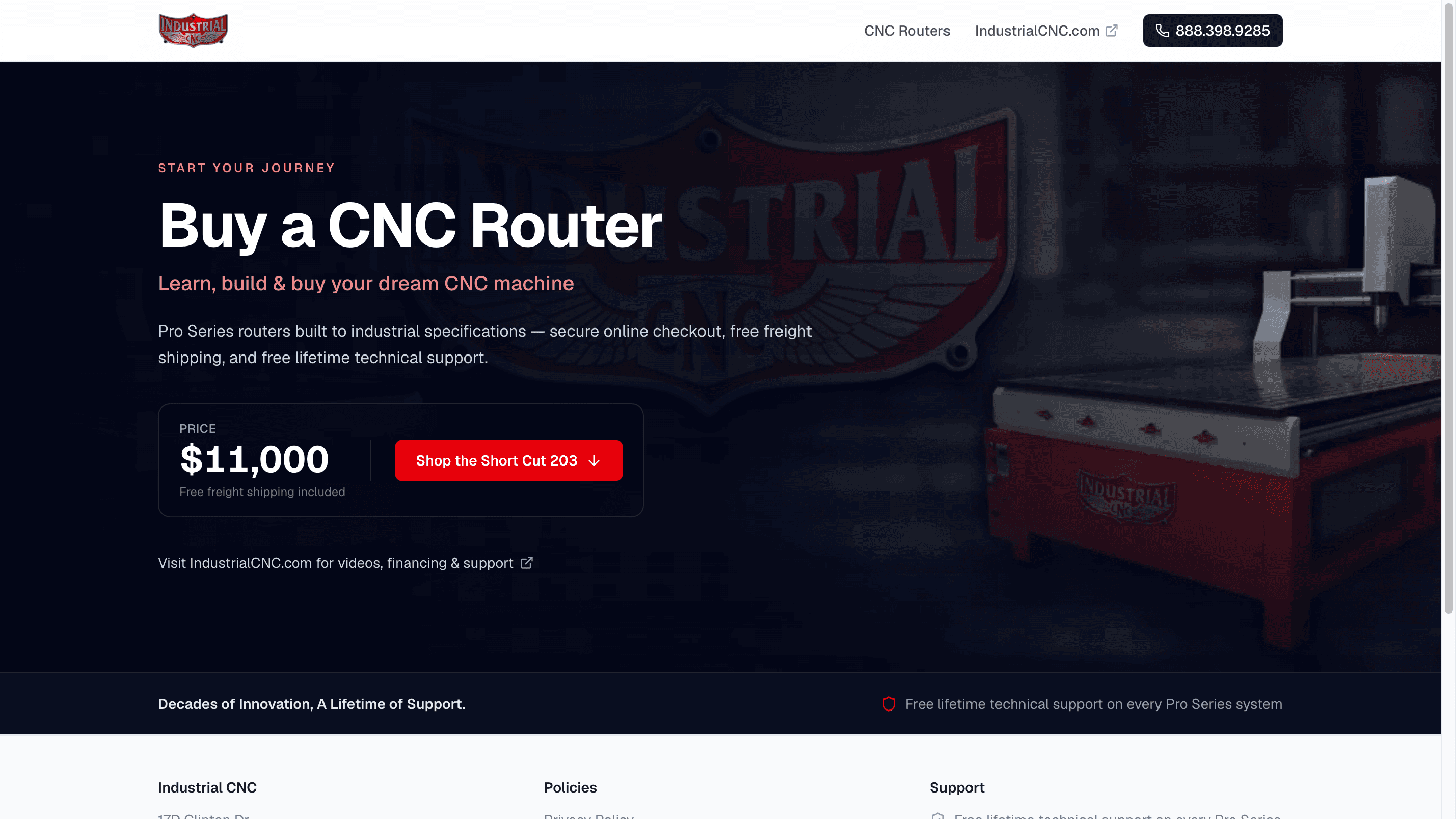 Buy a CNC Router storefront hero section showing the Short Cut 203 router, its $11,000 price, and a 'Shop the Short Cut 203' call-to-action